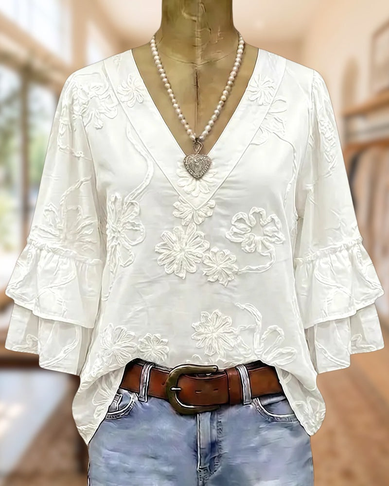 Floral Design V Neck Glamorous Ruffle Sleeve Blouse