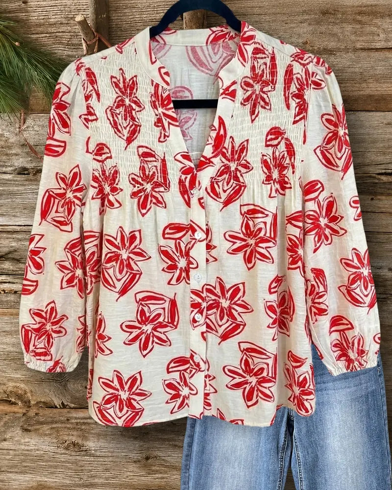 Floral Print Smocked V Neck Button Front 3/4 Sleeve Blouse