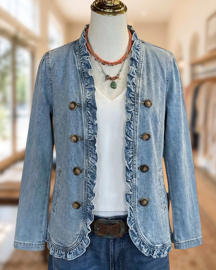 Ruffle Trim Button Front Double Breasted Long Sleeve Jacket