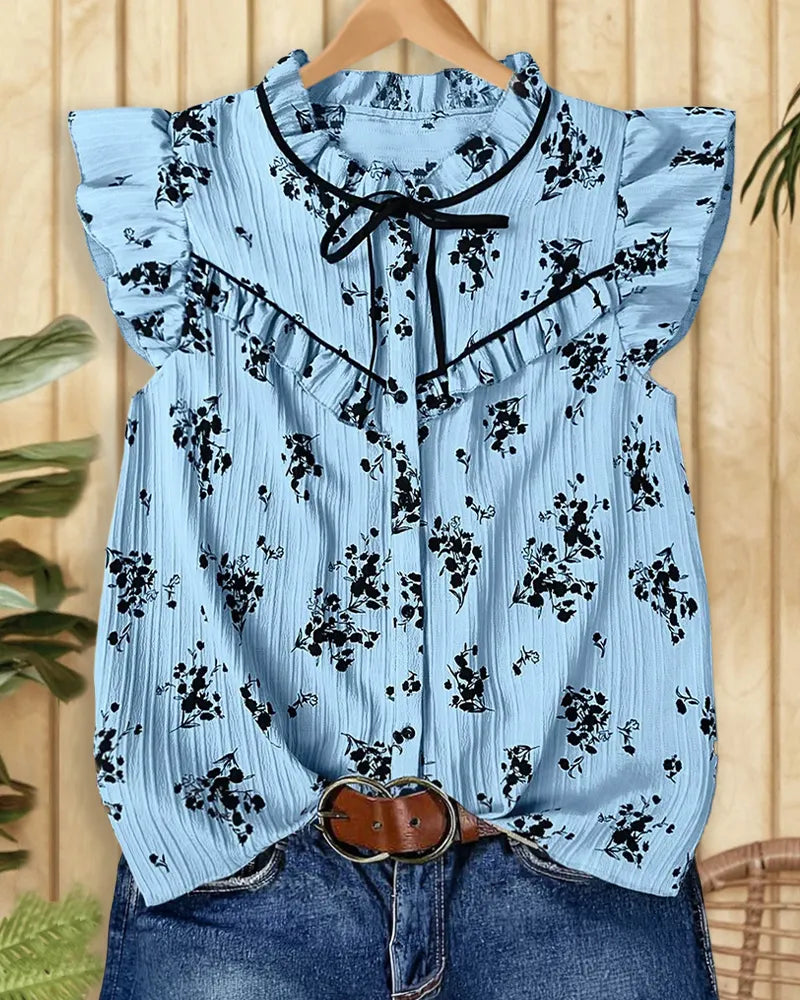 Floral Print Ruffle Trim Tie Neck Button Front Blouse
