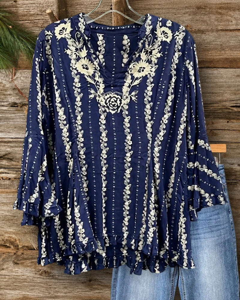 Embroidered V Neck Ruffle Hem Blouse