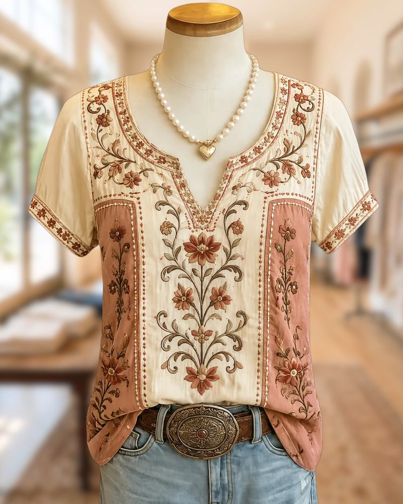 Floral Embroidered Split V Neck Short Sleeve Contrast Panel Blouse