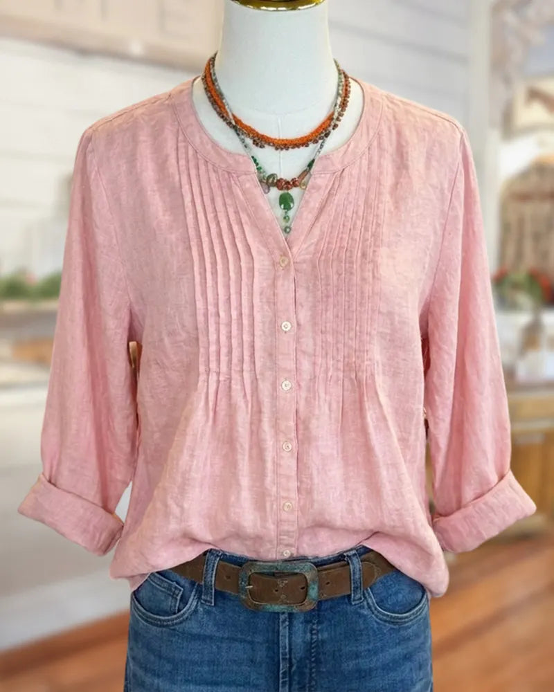 Pintuck Front Button V Neck Blouse