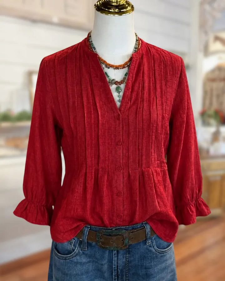 Pintuck Pleat V Neck Ruffle Cuff Relaxed Fit Blouse