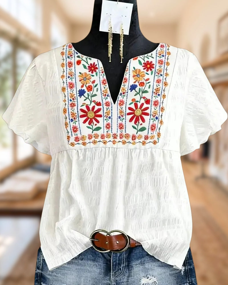 Floral Embroidered V Neck Flutter Sleeve Gathered Casual Blouse