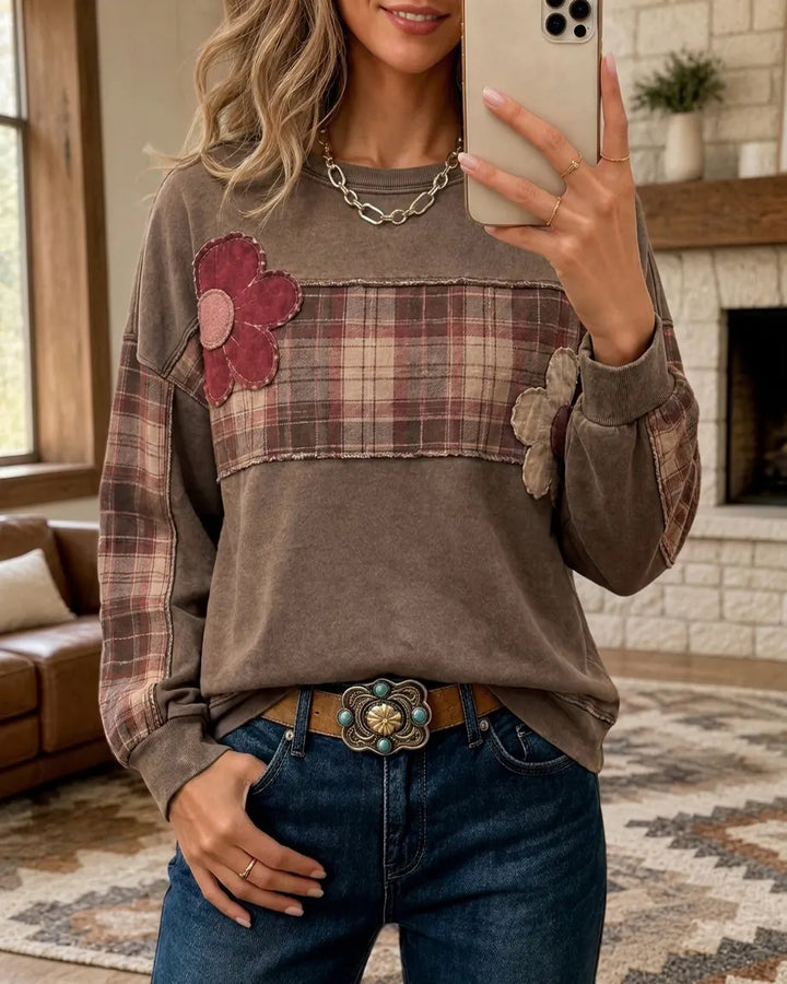 Plaid Patchwork Flower Applique Crew Neck Long Sleeve Sweatshirt