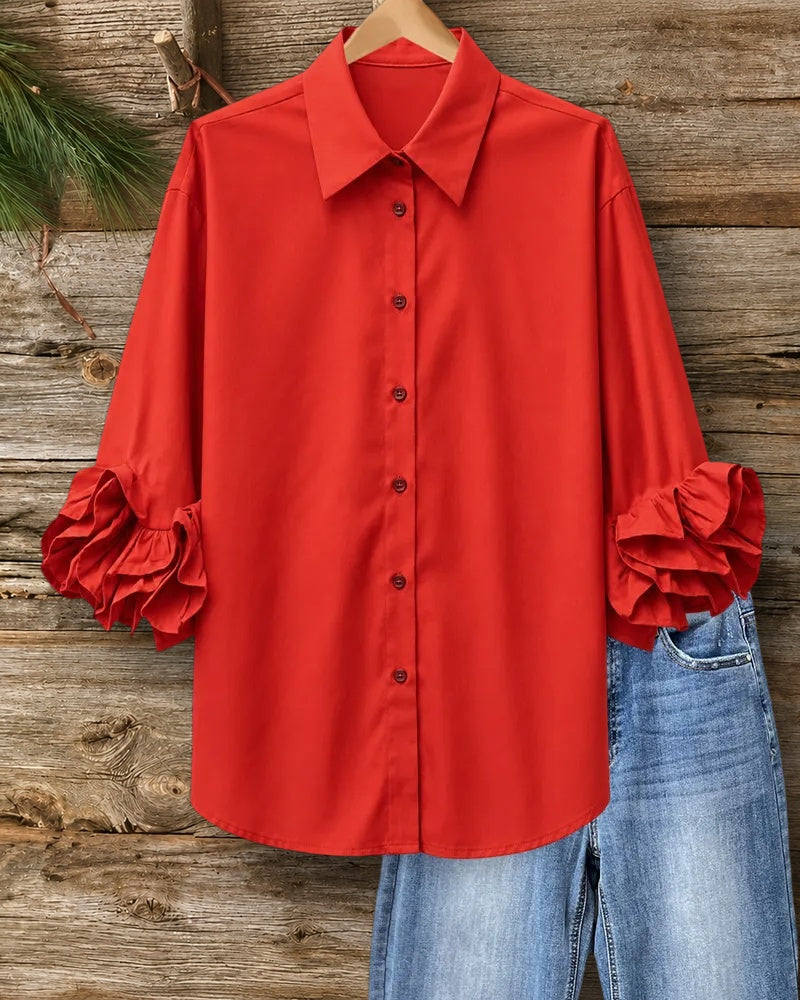 Lapel Button Ruffle Cuff Shirt
