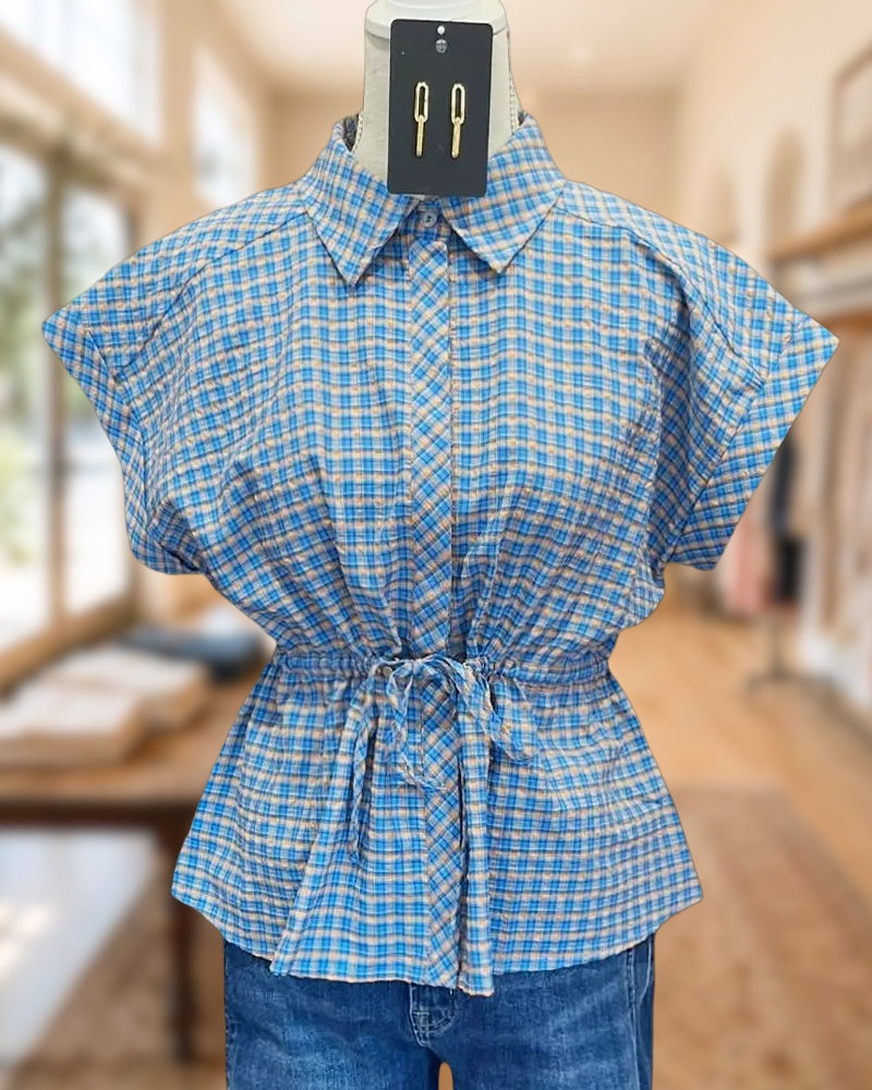Collared Cap Sleeve Button Front Drawstring Waist Blouse