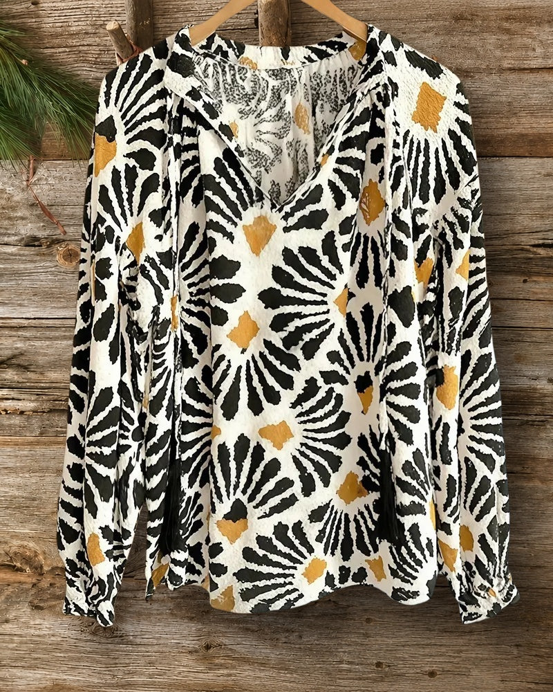 Abstract Print Versatile Tie Neck Blouse