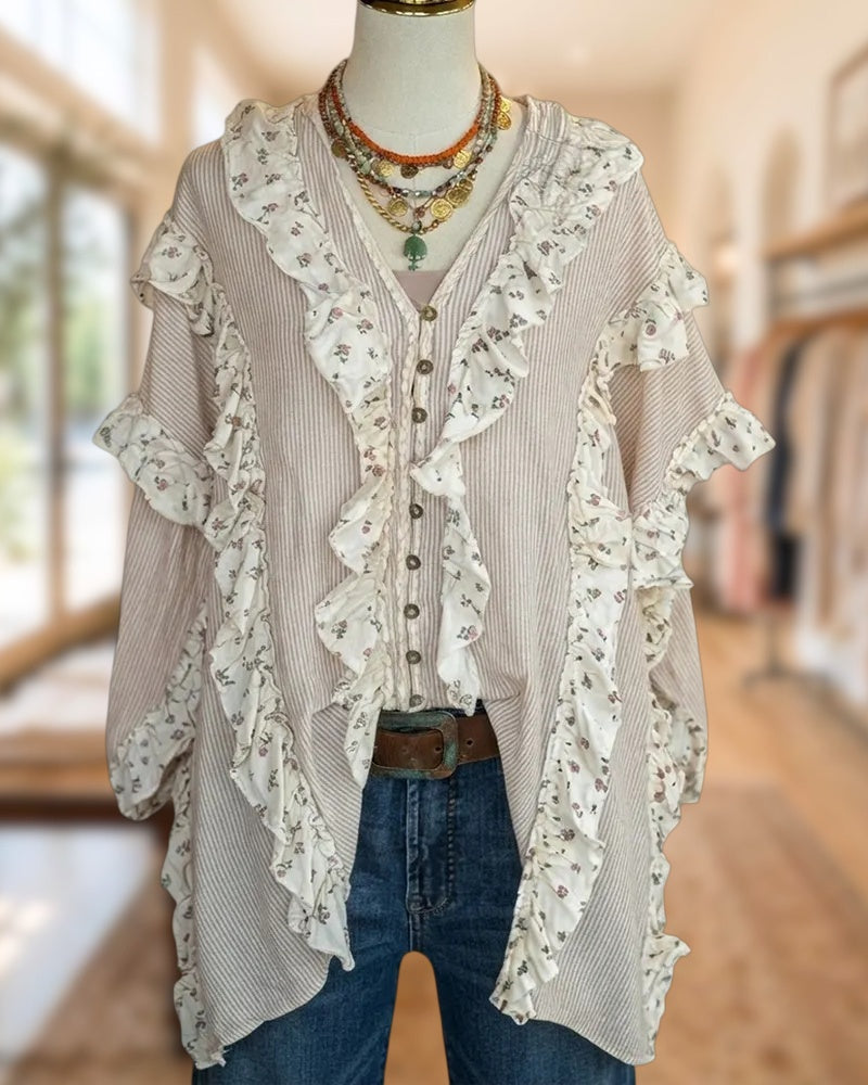 Floral Ruffle Trim V Neck Blouse