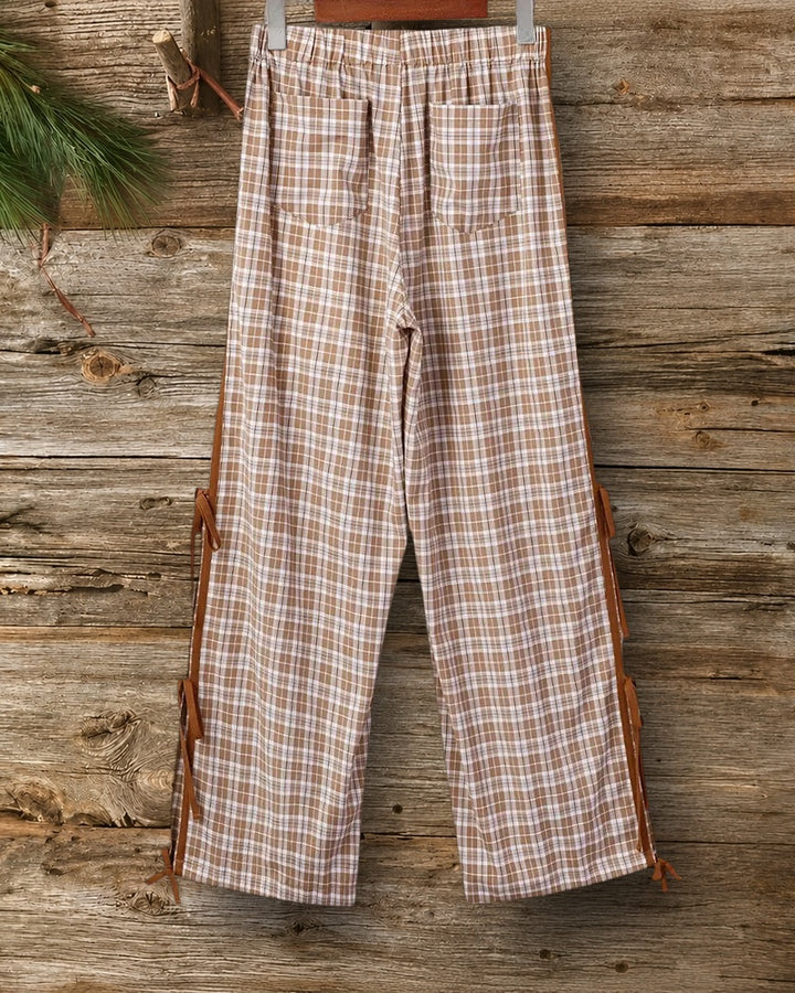 Plaid Side Tie Elastic Waist Wide Leg Pants
