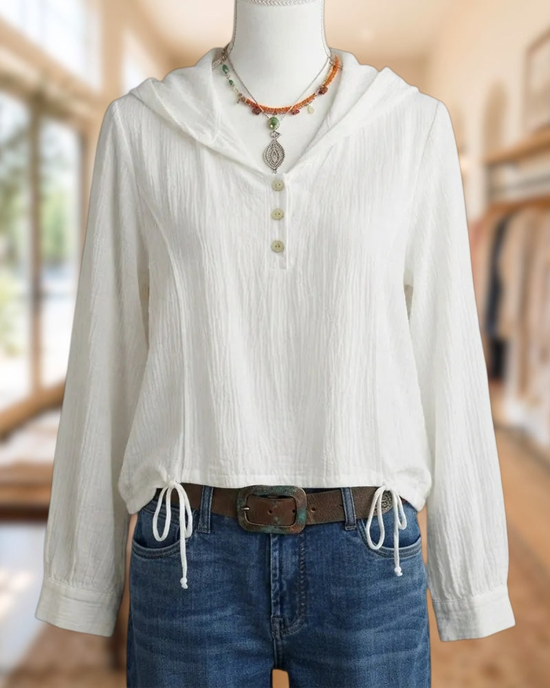 Hooded Half Button Drawstring Hem Blouse