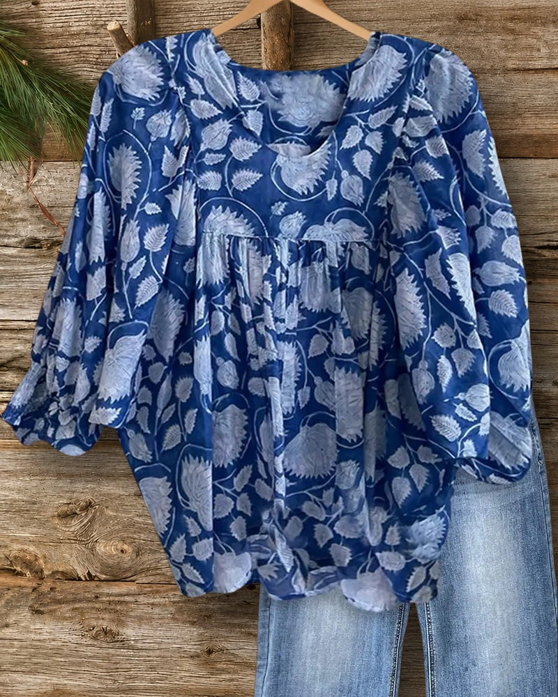 Vintage Floral Print Boho V Neck Blouse