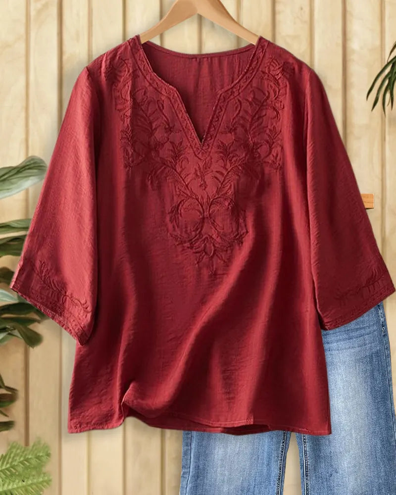 Soft Embroidered V Neck 3/4 Sleeve Loose Casual Blouse