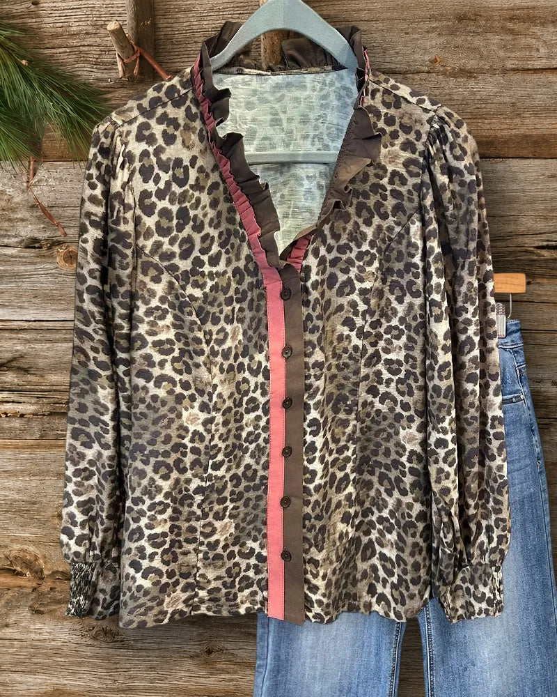 Leopard Print Bold V Neck Button Up Blouse