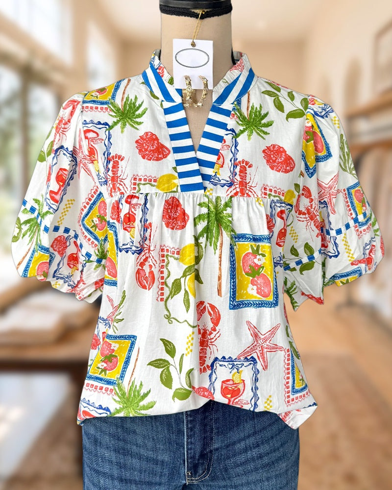 Striped Trim V Neck Puff Sleeve Gathered Printed Blouse