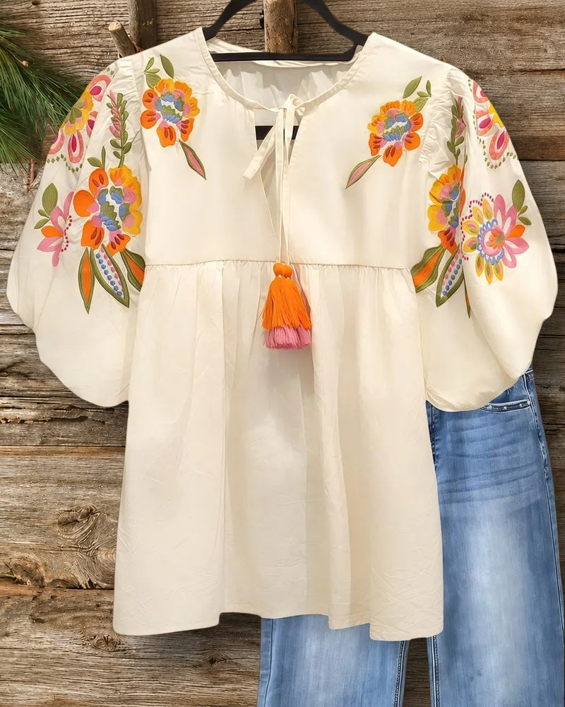 Floral Embroidery Smart Tie Neck Babydoll Blouse