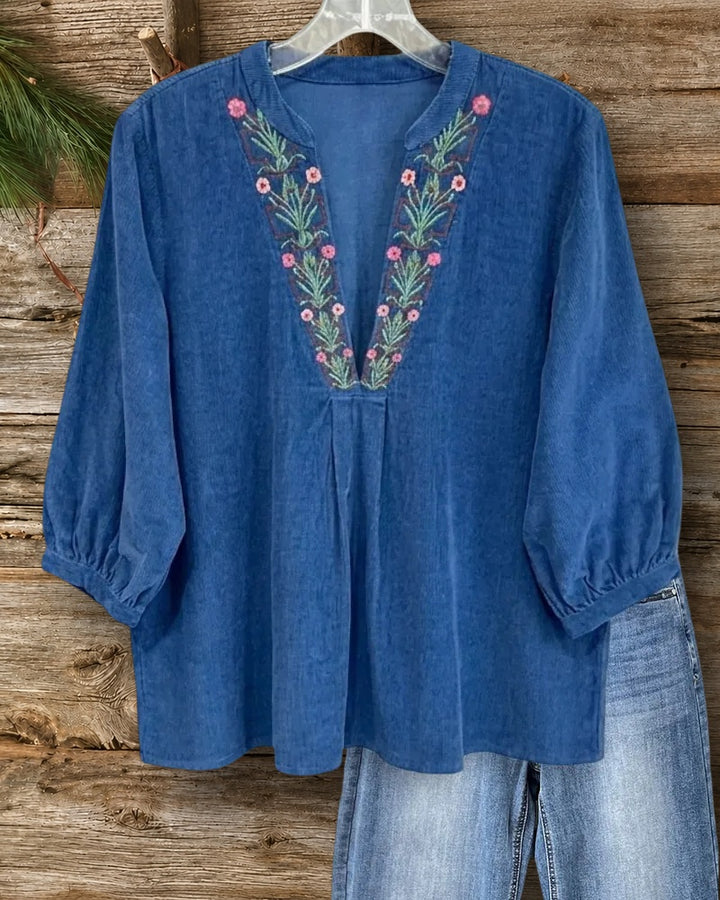Embroidery V Neck Puff Sleeve Blouse