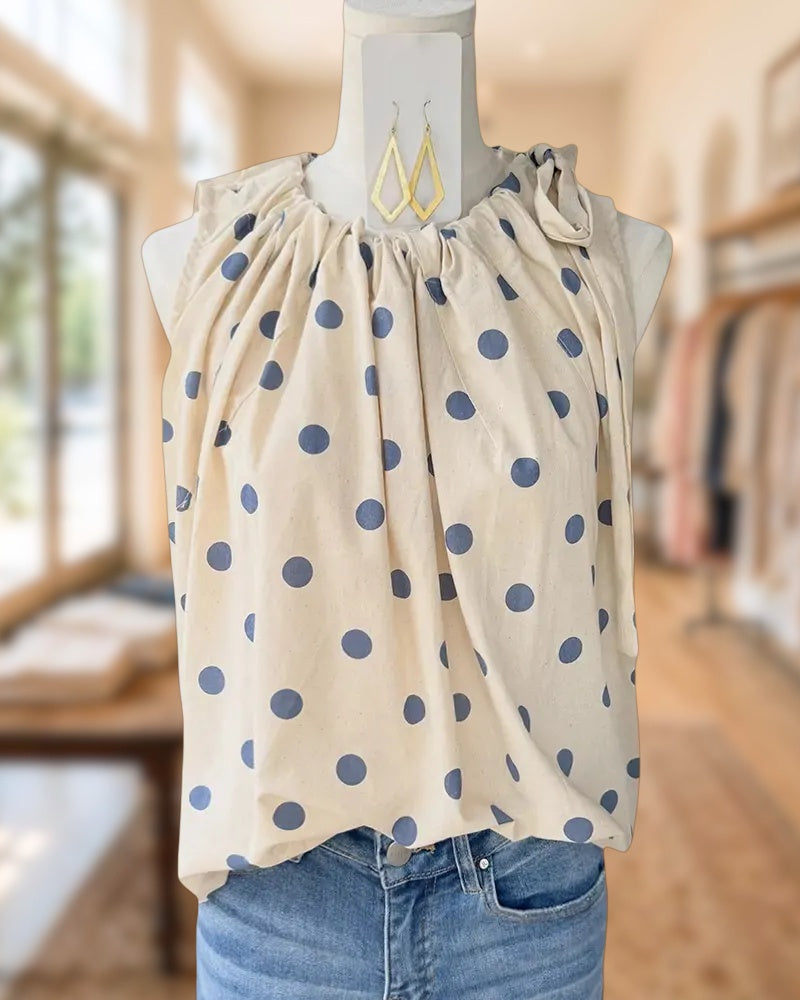 O Neck Tie Detail Sleeveless Casual Polka Dot Tank Top