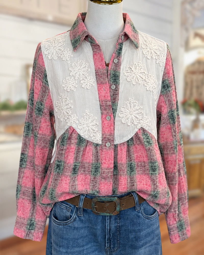 Embroidered Contrast Plaid Button Shirt