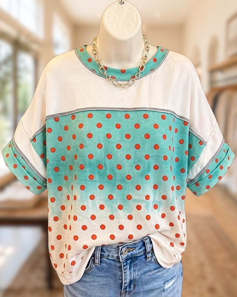 Polka Dot Color Block Contrast Stitch Rolled Cuff Tee