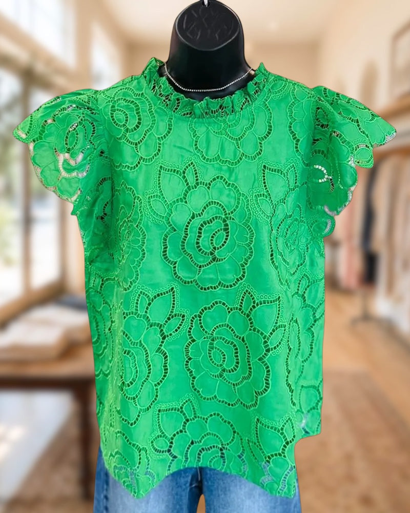 Cutout Floral Embroidery Ruffled Collar Flutter Sleeve Blouse