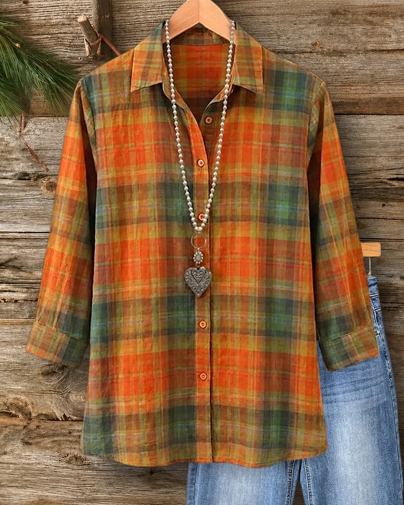 Loose Fit Collared Button Down 3/4 Sleeve Plaid Shirt