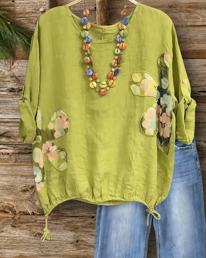 Flower Applique Patchwork Elegant Drawstring Blouse