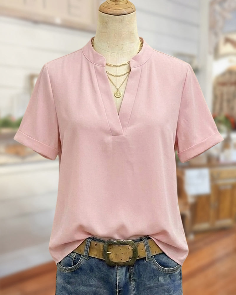 Solid Color V Neck Short Sleeve Casual Blouse