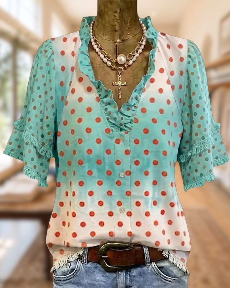 Polka Dot Ruffled V Neck Fringe Trim Half Button Blouse