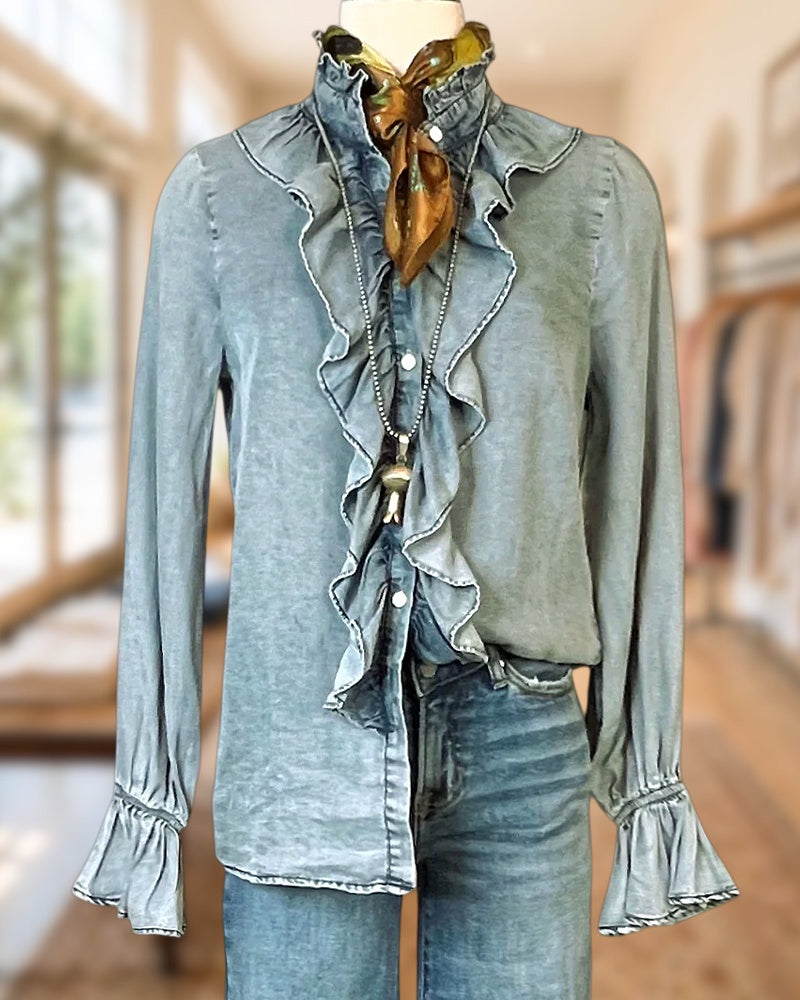 Solid Color Ruffles Decor Smart Button Up Blouse
