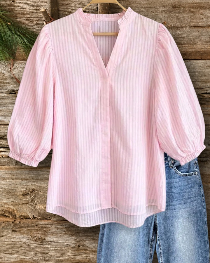 Striped V Neck Puff Sleeve High Low Loose Casual Blouse