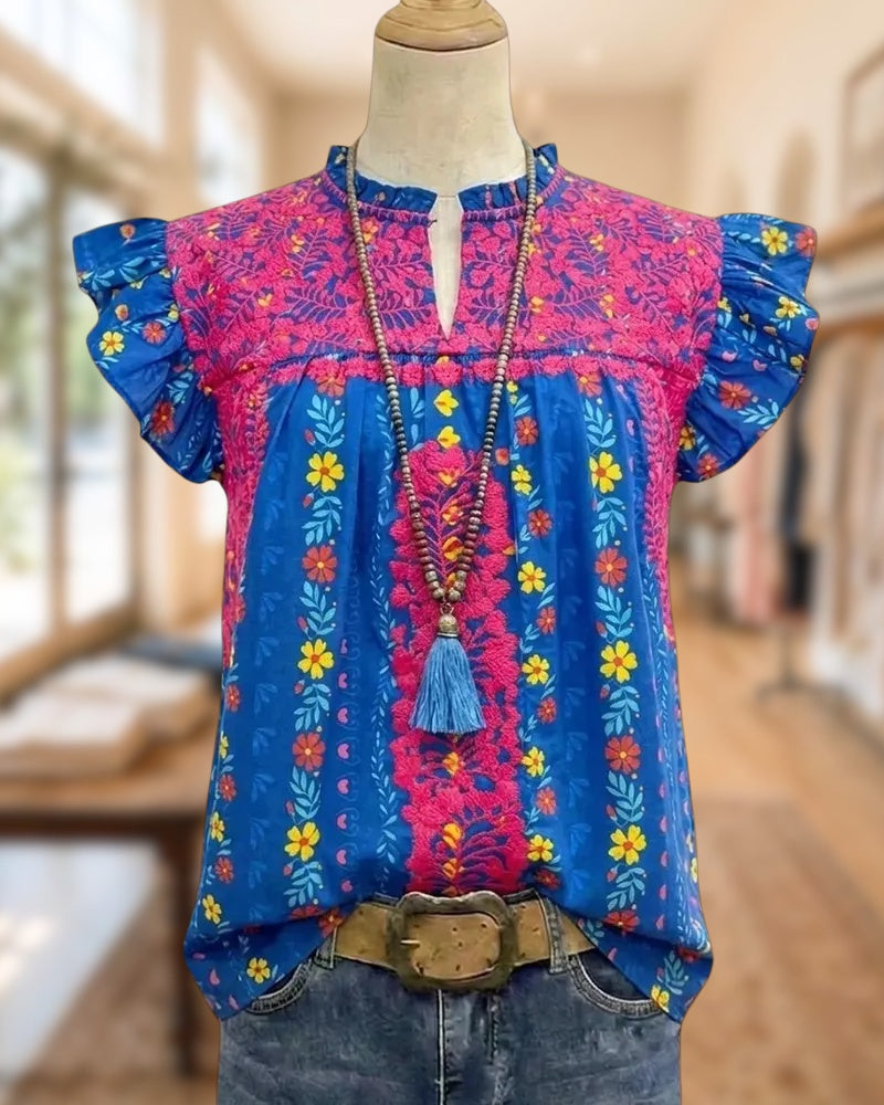 Embroidered Flutter Sleeve Keyhole Neck Loose Casual Summer Blouse