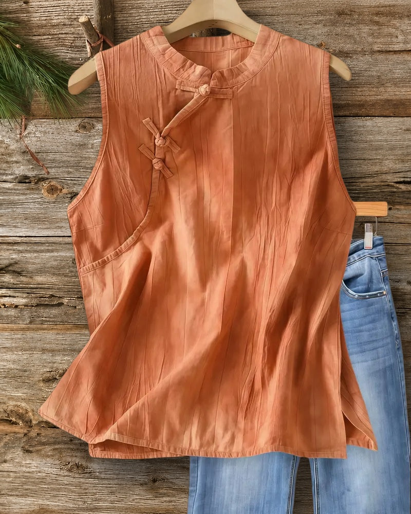 Mandarin Collar Frog Button Sleeveless Crinkle Side Slit Tank Top