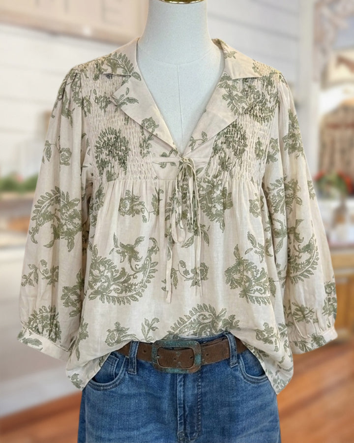 Collared Tie Front Smocked Botanical Print 3/4 Sleeve Blouse