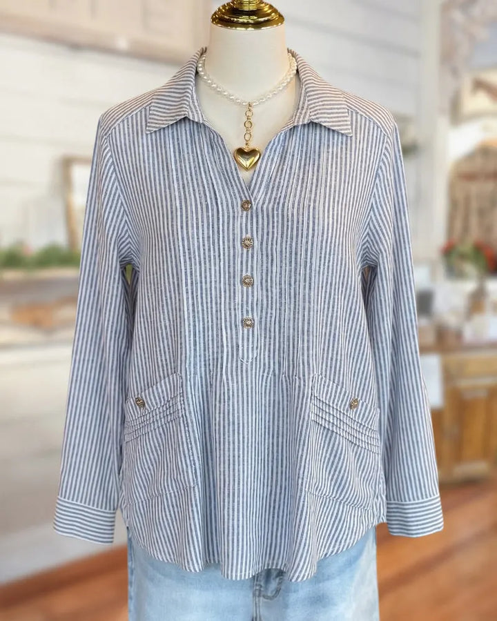 Striped Collared Half Placket Roll-Tab Sleeve Pocket Blouse