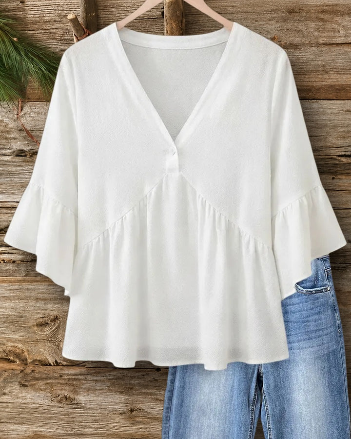 V Neck Solid Color Sweet Flare Sleeve Peplum Blouse