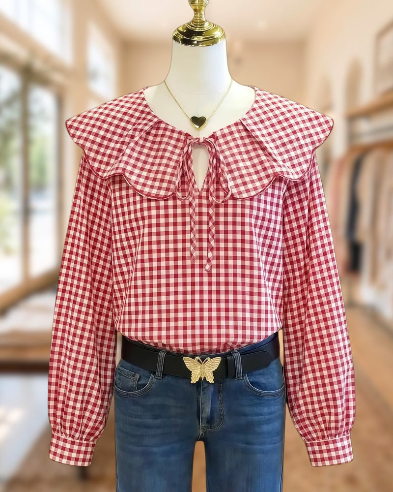 Gingham Playful Doll Collar Tie Front Blouse