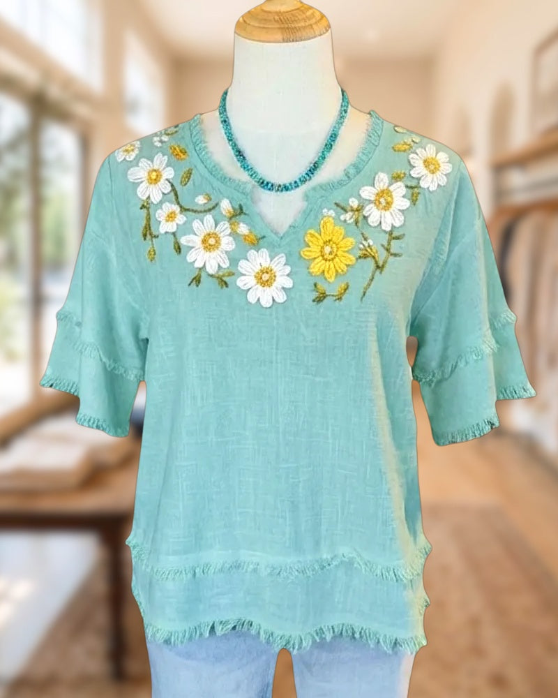 Daisy Embroidery Tassel Trim Boho V Neck Blouse