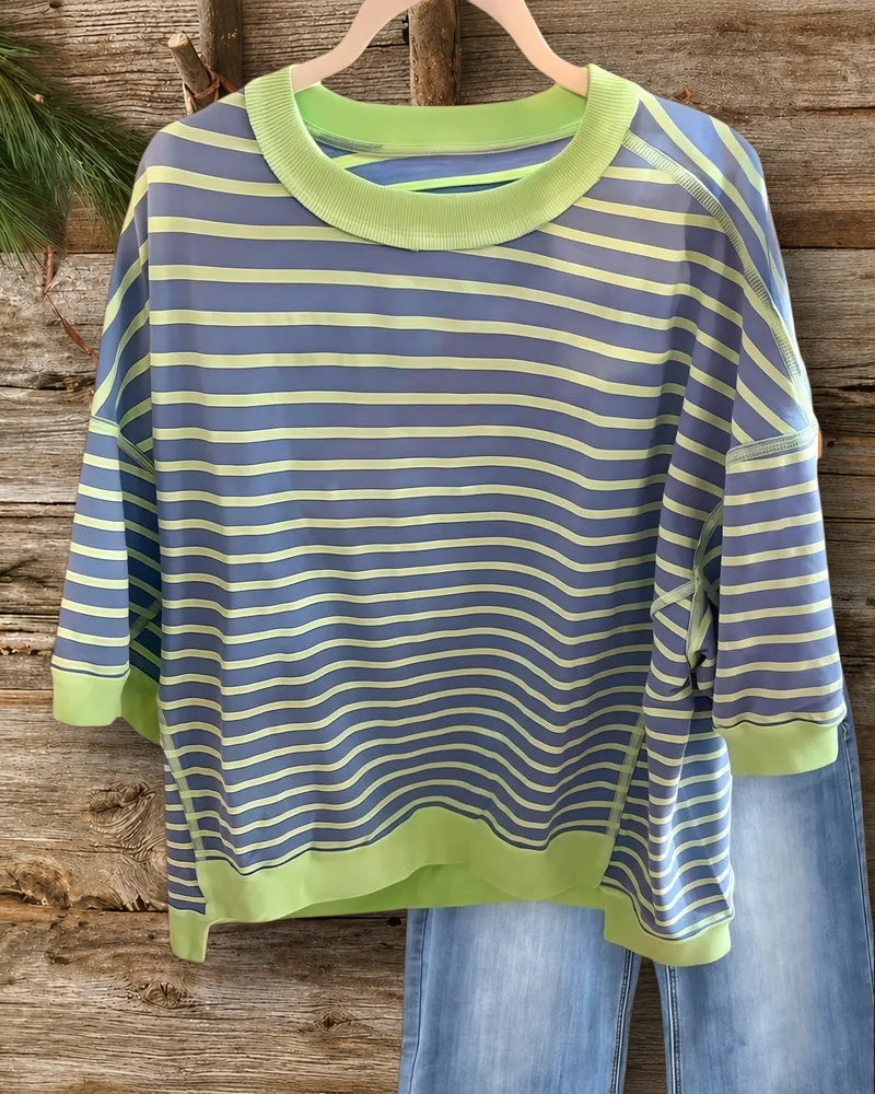 Striped Round Neck Sporty Drop-Shoulder Shirt
