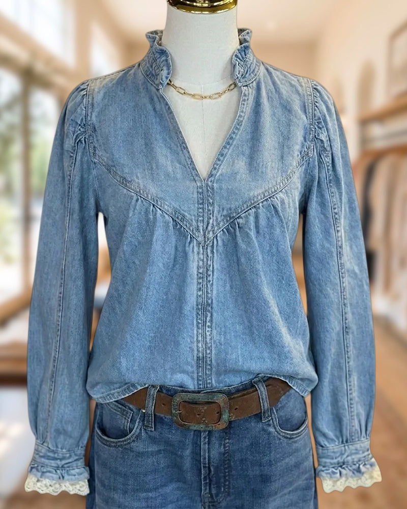 Ruffled Stand Collar V Neck Lace Trim Gathered Denim Blouse