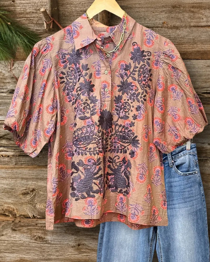 Floral Embroidered Puff Sleeve Collared Half Placket Casual Blouse