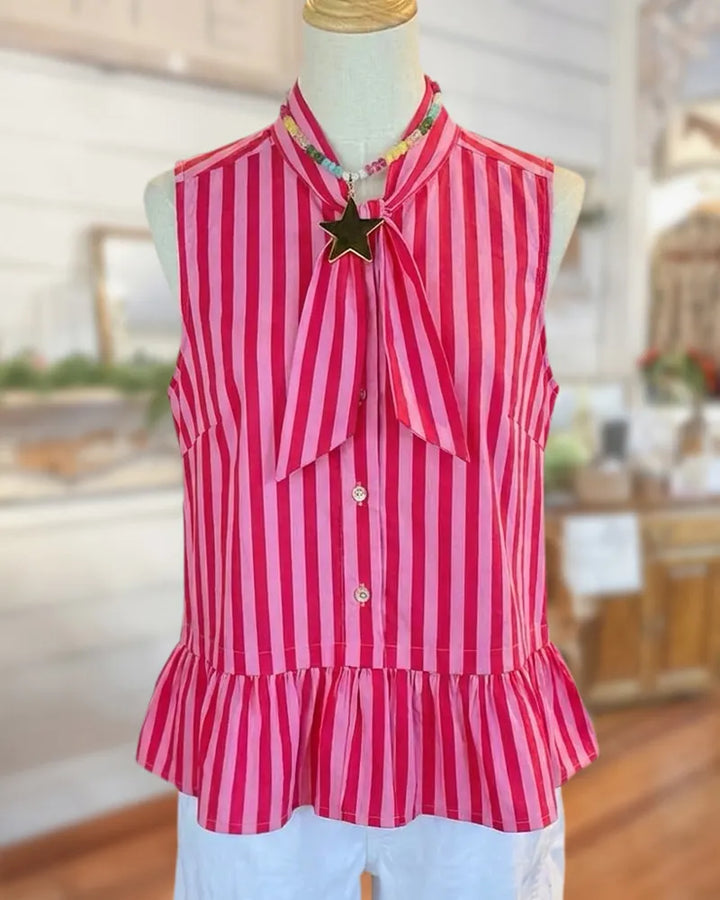 Tie Neck Sleeveless Ruffle Hem Button Front Casual Blouse