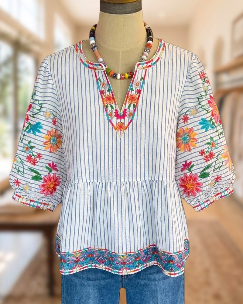 Striped Floral Embroidered V Neck Peplum Hem Puff Sleeve Blouse