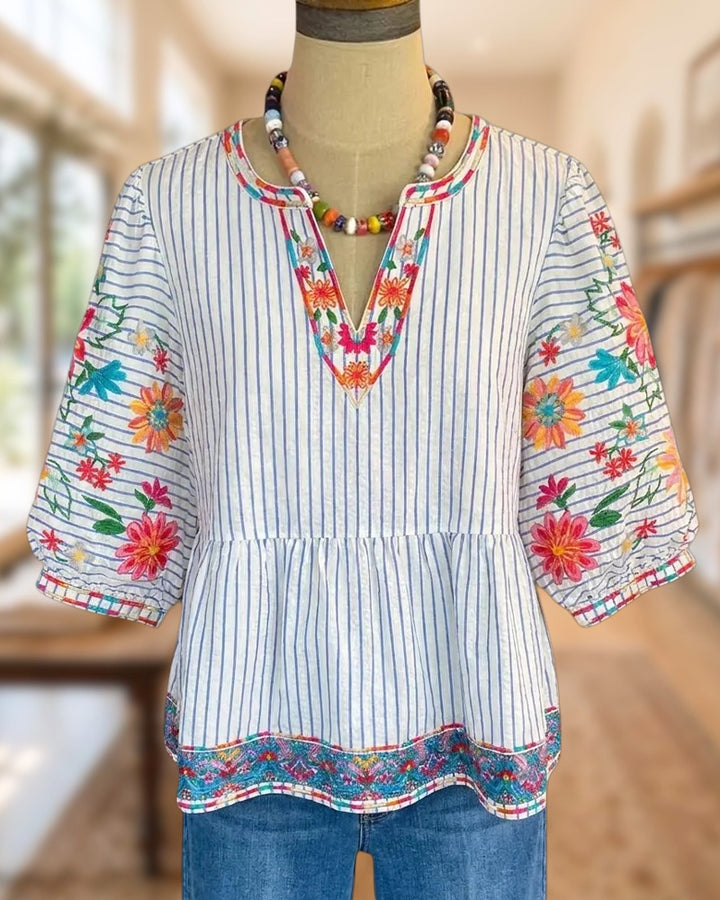 Striped Floral Embroidered V Neck Peplum Hem Puff Sleeve Blouse