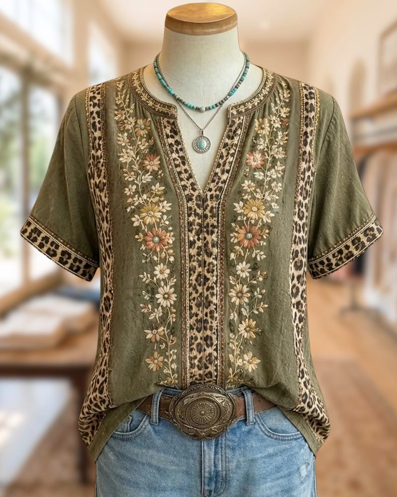 Floral Embroidered Leopard Trim Split Neck Short Sleeve Blouse