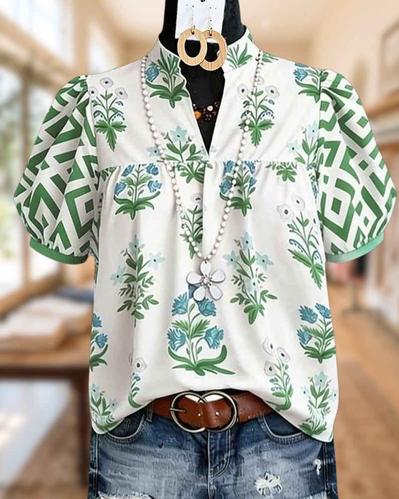 Floral Geometric Print Puff Sleeve Notched Neck Blouse