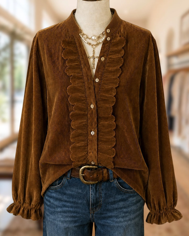 Scalloped Trim Button Front Long Sleeve Solid Color Blouse