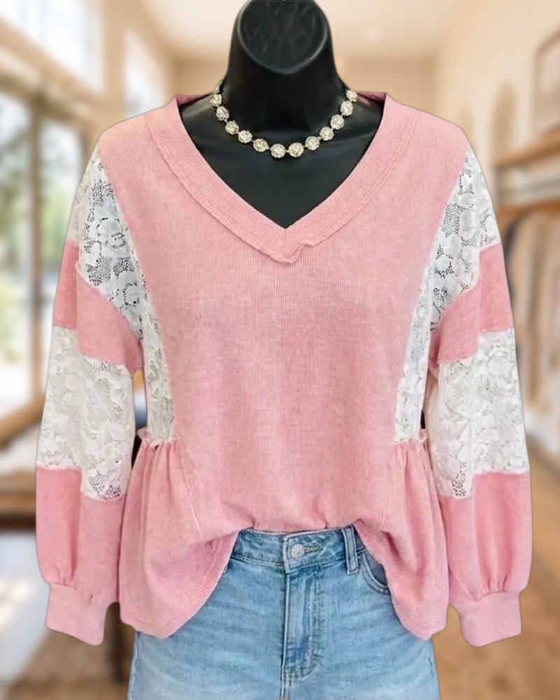 V Neck Lace Panel Ruffle Hem Long Sleeve Blouse