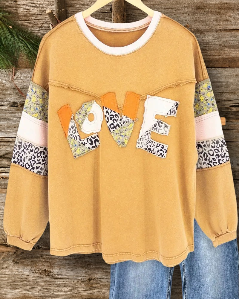 LOVE Applique Mixed Patchwork Urban Drop-Shoulder Shirt